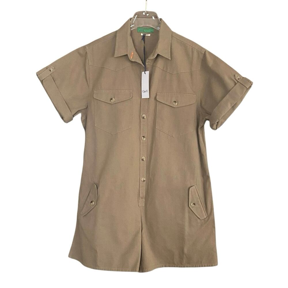 NWT Clare V Cargo Short Jumpsuit Women’s Size Large Khaki Green Pockets Utility